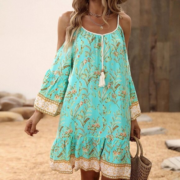 Mint Green Boho Womens Floral Print Cold Shoulder Tassel Trim Ruffle Hem Dress - Picture 5 of 5